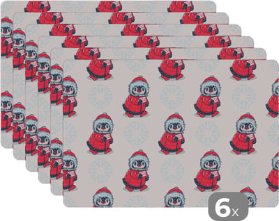 Placemat - Placemats kunststof - Pinguïn - Sneeuw - Brief - Kerst - Patronen - 45x30 cm - 6 stuks - Hittebestendig - Anti-Slip - Onderlegger - Afneembaar