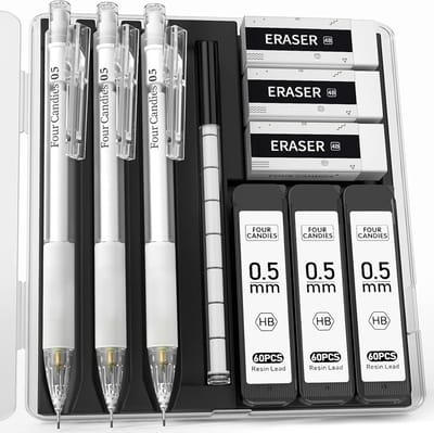 PromoHome Vulpotloden Set met Etui - 3 transparante witte 0.5 mm vulpotloden, 180 HB vullingen, 3 gummen en 9 navullingen – ideaal voor schrijven, tekenen en schetsen, ook geschikt voor kinderen