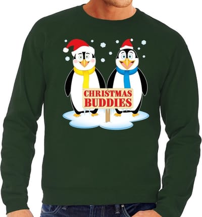 Bellatio Decorations Foute kersttrui / sweater - pinguin vriendjes - groen - voor heren - Kersttruien S