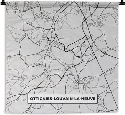 Wandkleed - Wanddoek - Stadskaart – Zwart Wit - Kaart – Ottignies Louvain la Neuve – België – Plattegrond - 180x180 cm - Wandtapijt