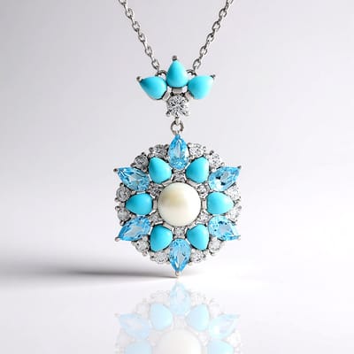 Cavill - Zilveren Halsketting - 925 Sterling Zilver - Witte Zoetwaterparel 6mm - Blauwe Topaas 1,89ct & Turkijs 1,62ct - Elegant Luxe Dames Sieraad