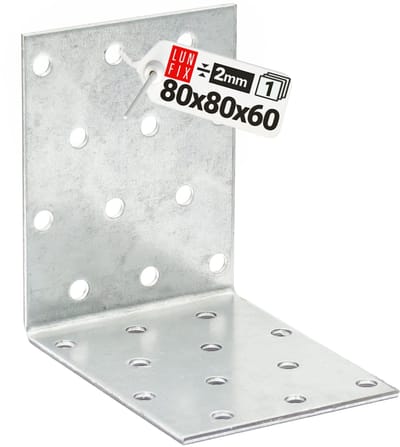 LUN FIX - Hoekverbinder + Gatplatenhoek 80x80x60x2 - 1 Stuk - Kleine Montagehoek - Houtverbinder - Corrosiebescherming - Gathoek
