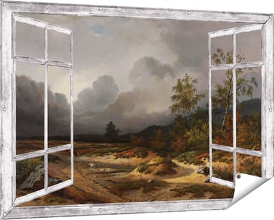 Gards Tuinposter Doorkijk Landschap bij Naderend Onweer - Willem Roelofs - 150x100 cm - Tuindoek - Tuindecoratie - Wanddecoratie buiten - Tuinschilderij