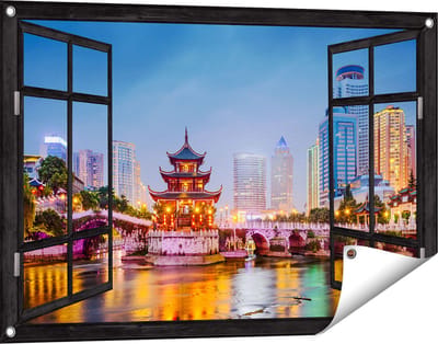 Gards Tuinposter Doorkijk Rivier bij Stad Guiyang in China - 90x60 cm - Tuindoek - Tuindecoratie - Wanddecoratie buiten - Tuinschilderij
