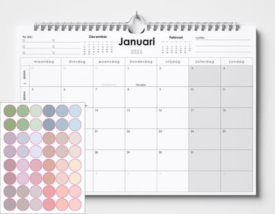 Kalender 2026 - A4+ - 48 morandi stickers - Spiraalgebonden - Belgische Feestdagen
