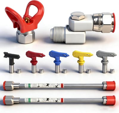 Airless Spuitpistool Kit - Verfspuit Accessoires - Snel Verf Aanbrengen - Compleet met 5 Sproeiers - 9 Delig - Zilver