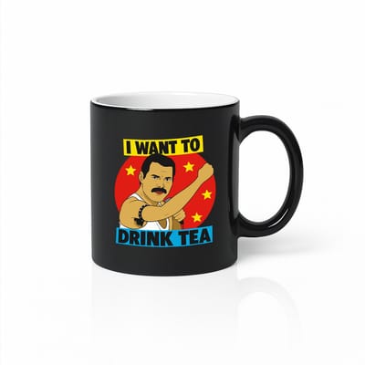 Grappige “I Want to Drink Tea” Zwarte Magic Mok – Retro Cartoon Ontwerp – 330 ml Warmtegevoelige Koffiemok
