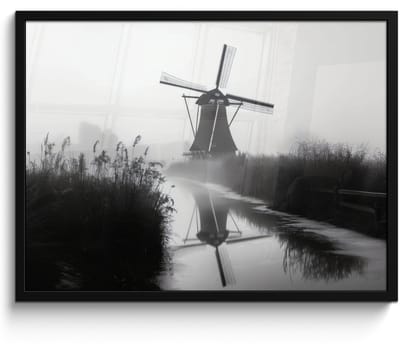 Poster in lijst - Fotolijst 70x50 cm - Posters - Molen - Weerspiegeling - Landschap - Water - Posterlijst zwart - Decoratie - Wanddecoratie woonkamer - Muurdecoratie slaapkamer