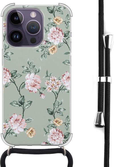 Hoesje met koord - Geschikt voor iPhone 14 Pro Max - Bloemetjes - Verstelbaar zwart koord - Transparant, Groen - Bloemen - Leuke Telefoonhoesjes