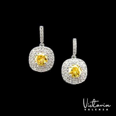 Victoria Valenza Monte Carlo Luxe Oorbellen Dames Messing Oorhangers Dames Oorringen - Gele Steen - Kleur Zilver - 1 Paar
