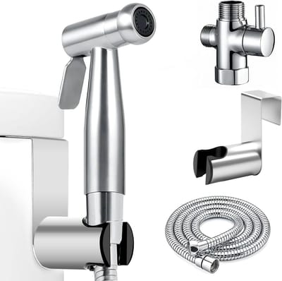 Handdouche voor bidet, RVS douchekop, bidetbevestiging met 3-weg kraan en 1,5 m veerslang voor toiletreiniging, persoonlijke hygiëne en badkameraccessoires