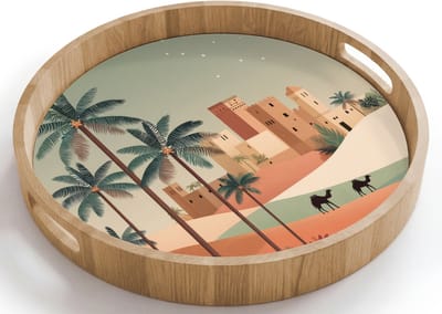 Dienblad rond 40x40 cm - Schootdienblad hout - Nachtlandschap - Kamelen - Sterren - zandduinden - Borrelplank rechthoek - Plateau houten dienbladen