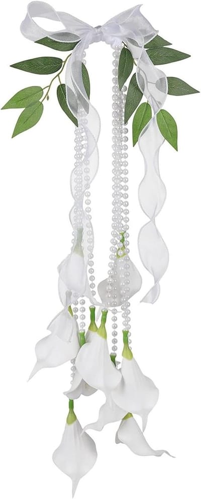 Witte Calla Lelies - Bruidsboeket - Bruiloft Decoratie - Handgemaakte Parels - 60 x 32 cm - Wit