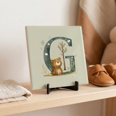 Tegeltje | Alfabet | Bosdiertjes | Baby | Letter G | Glans afwerking | Inclusief gratis standaard | 15 x 15 cm | Fotofabriek