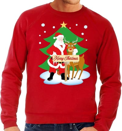 BD Foute kersttrui - kerstman en rendier Rudolf - rood - voor heren - kerst sweater - Kersttruien S