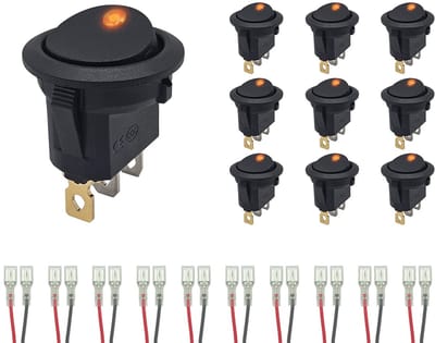 ProRide Wipschakelaar ON-OFF KCD2-12 - met Aansluitkabels - 3 pins - Rond - 12V/20A - LED indicator Oranje - 10 stuks