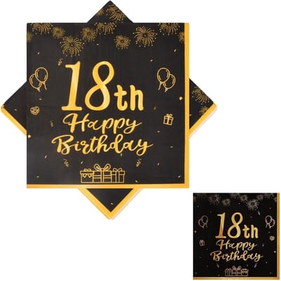 Servetten voor 18e verjaardag, 40 papieren feestservetten in zwart en goud, tafeldecoratie en feestaccessoires voor een onvergetelijk verjaardagsfeest
