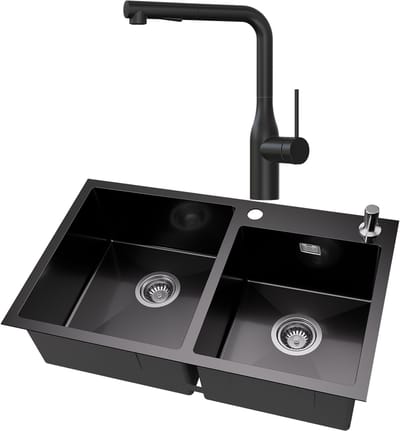 Auralum MAX Dubbele Spoelbak voor keuken 75x45cm Antraciet - Spoelbak Keuken Met keukenkraan Met Uittrekbare Uitloop - Roestvrij staal - Wasbak met waterafvoersysteem - Met zeepdispenser 300ml