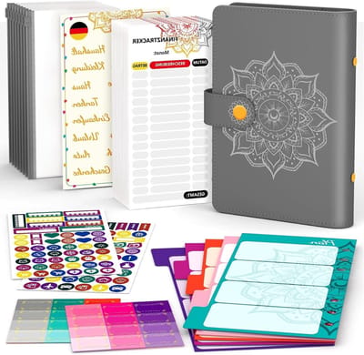 A6 Budget Planner en Financiële Organizer met Compartimenten, Budgetbladen en Labelstickers voor Besparingen en Reisnotities (Grijs)