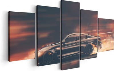Artaza Canvas Schilderij Vijfluik Zwarte Sportwagen Auto Met Vlammen - 100x50 cm - Wanddecoratie Woonkamer - Schilderijen - Muurdecoratie