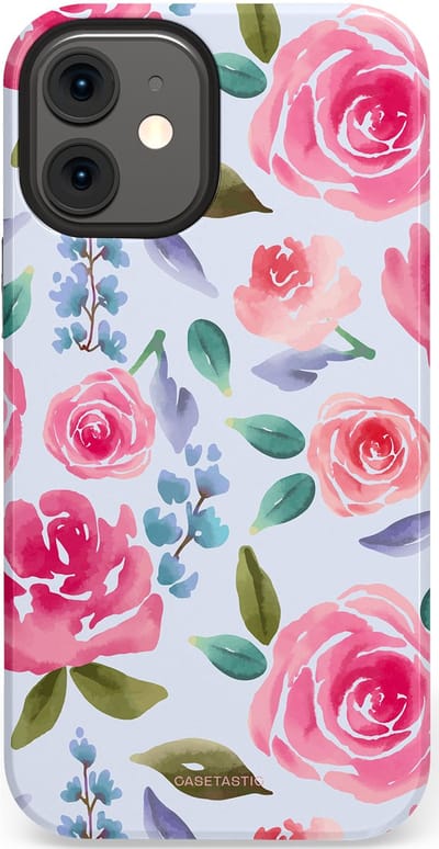 Casetastic hoesje geschikt voor Apple iPhone 12 Mini - Dubbellaagse bescherming - Aquarel Bloemendroom - Fashion Case - Lichtblauw Lichtroze