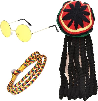 Rasta Set - Rasta Hoed met Dreadlocks - Gele Bril - Gevlochten Armband - Carnaval Kostuum - Polyester Materiaal