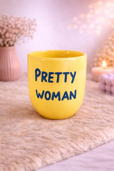 Mok ‘Pretty Woman’ – Geel & Gedurfd | Viva Femme | Koffiemok | Theemok | Mok met tekst | Keramiek | 300 ml | Cadeau | Geel