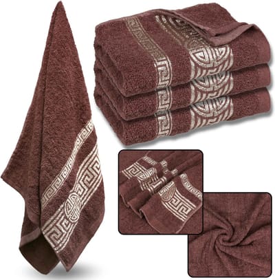 Licht bourgondische katoenen handdoek met decoratief borduursel, badhanddoek, Egyptisch patroon, zacht, compact formaat 70x135 cm, 3 stuks