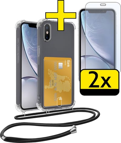 Hoesje Geschikt voor iPhone Xs Max Telefoonhoesje Met Koord Case Pashouder Met 2x Screenprotector Siliconen - Hoes Geschikt voor iPhone Xs Max Hoesje Met Kaarthouder - Transparant