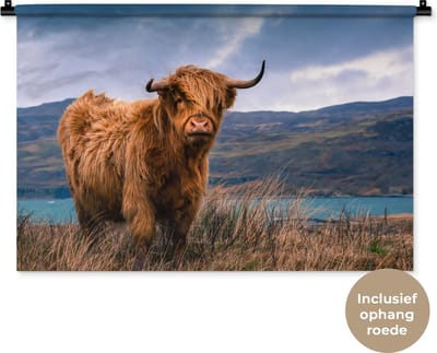 Wandkleed Schotse hooglander - Schotse hooglander bij een prachtig meer Wandkleed katoen 90x60 cm - Wandtapijt met foto