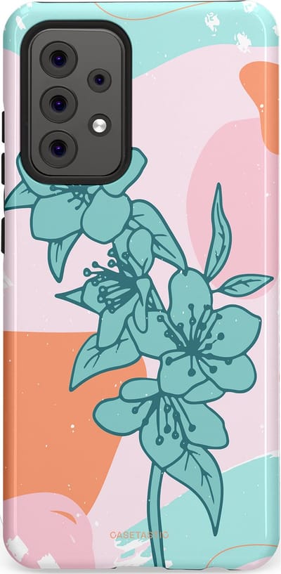 Casetastic hoesje geschikt voor Samsung Galaxy A52 (2021) 5G / Samsung Galaxy A52 (2021) 4G - Dubbellaagse bescherming - Roze Oranje Turqoise Bloemen Modern - Fashion Case - Wit Mintgroen Perzik Lichtroze