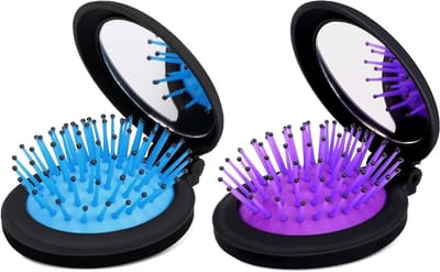 Mini Haarkam met Reis Spiegel en Vouwbare Borstel - Compacte Haarborstel voor Thuis en Op Reis, Ideaal voor Haarverzorging en Massages, Geschikt voor Mannen en Vrouwen (Blauw en Paars)