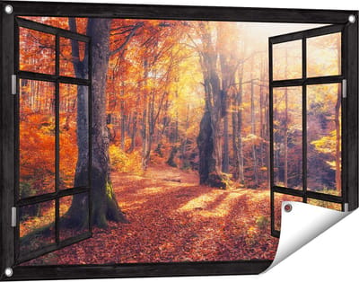 Gards Tuinposter Doorkijk Oranje Herfstbos met Zonneschijn - 90x60 cm - Tuindoek - Tuindecoratie - Wanddecoratie buiten - Tuinschilderij
