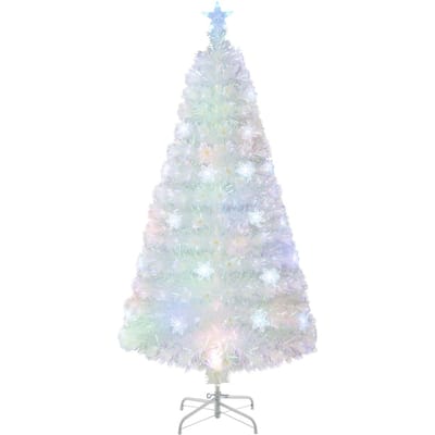 Coast Kunstkerstboom - 120 cm - Wit - met Glasvezel, Iriserende Bladeren en Veelkleurige LED Sneeuwvlokverlichting