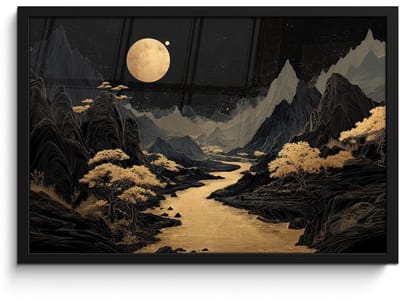 Poster in lijst - Fotolijst 60x40 cm - Posters - Gouden rivier - Bergen - Maan - Sterrenhemel - Posterlijst zwart - Decoratie - Wanddecoratie woonkamer - Muurdecoratie slaapkamer