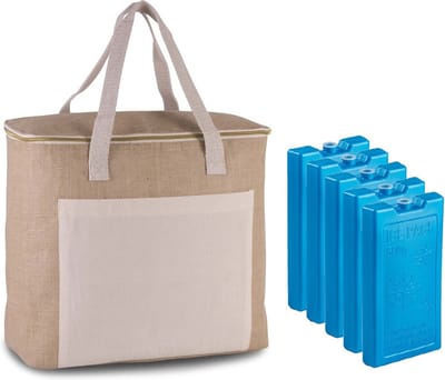 Grote strand koeltas jute/canvas 20 liter en 38 x 32 x 16 cm met 5x stuks 500 grams koelelementen blauw