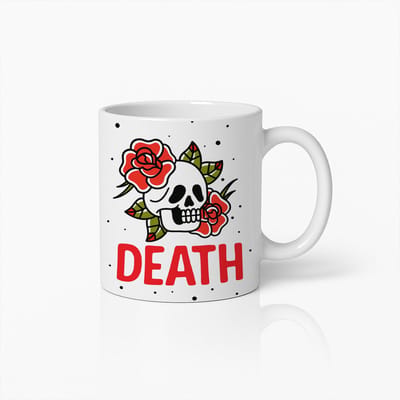 Death Schedel en Rozen Mok – 330 ml Gotische Koffiebeker – Stoer Tattoo Ontwerp – Uniek Cadeau voor Rock-, Punk- en Dark Art Liefhebbers