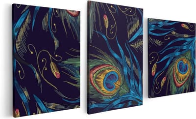 Artaza Canvas Schilderij Drieluik Getekende Pauw Veren Achtergrond - 120x60 - Foto Op Canvas - Canvas Print