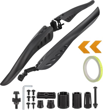 Fiets Fender Set - Verstelbare Fiets Modderbeschermers met 1 Rol Reflecterende Tape en 2 Reflecterende Pijlen Stickers voor 24-29 Inch Fietsen - Universele Spatbescherming Voor en Achter