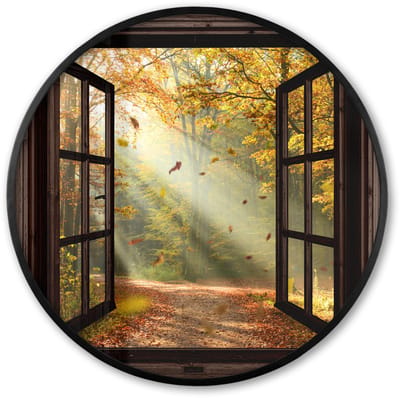 Poster in lijst Rond - Fotolijst 60x60 cm - Posters - Bos - Bomen - Herfst - Zon - Herfstbladeren - Natuur - Doorkijk - Ronde posterlijst zwart - Decoratie - Wanddecoratie woonkamer - Muurdecoratie slaapkamer