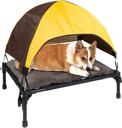 Verhoogd Hondenbed - Buiten Huisdierbed - Comfortabel Rusten - Met Afneembare Luifel - 43 x 55 x 57 cm - Kleurblokken