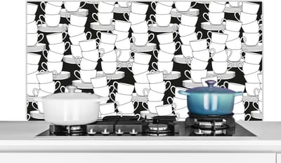 Spatscherm keuken 120x60 cm - Kookplaat achterwand Patronen - Zwart wit - Kopjes - Thee - Muurbeschermer - Spatwand fornuis - Hoogwaardig aluminium