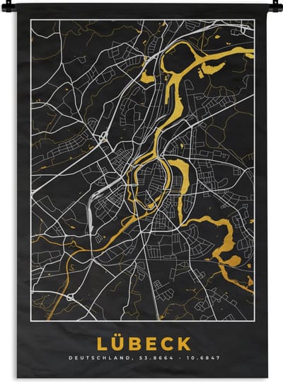 Wandkleed - Wanddoek - Lübeck - Plattegrond - Goud - Stadskaart - Kaart - Duitsland - 120x180 cm - Wandtapijt