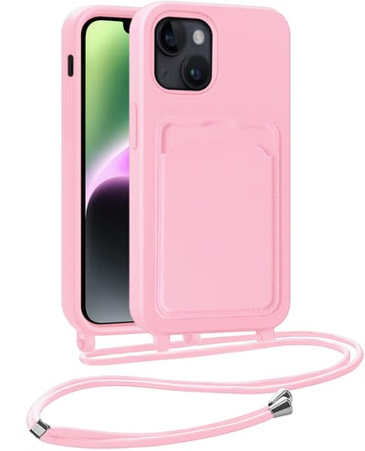 Hoesje Geschikt voor iPhone 13 Hoesje Met Telefoonkoord en Pasjeshouder Siliconen - Hoes Geschikt voor iPhone 13 Hoesje Met Kaarthouder Case - Lichtroze