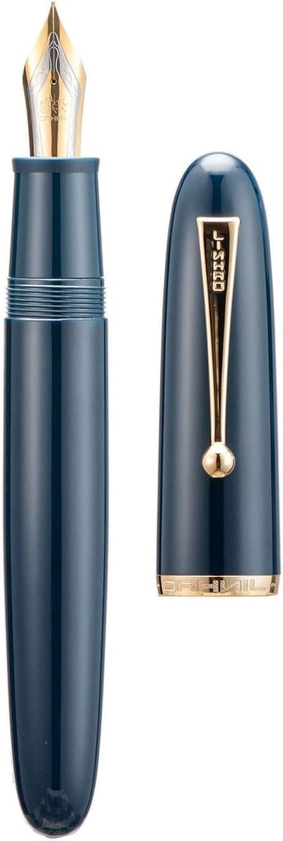 Stijlvolle vulpen met medium nib, grote maat, donkerblauwe acryl houder en gouden clip voor schrijfliefhebbers