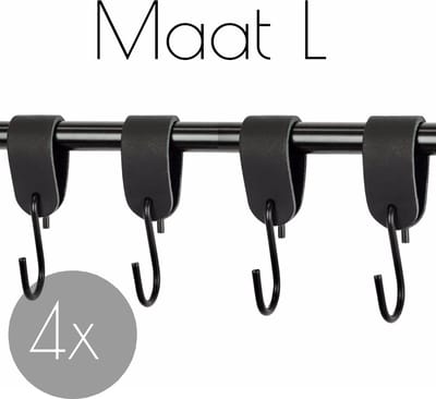4x Leren S-haak hangers - Handles and more® | ZWART - maat L (Leren S-haken - S haken - handdoekkaakje - kapstokhaak - ophanghaken)