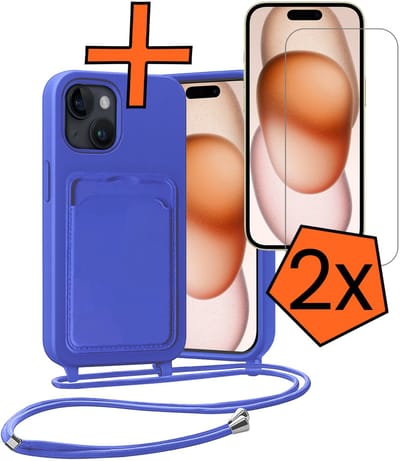 Hoesje Geschikt voor iPhone 15 Plus Hoesje Met Telefoonketting Pasjeshouder Case Met 2x Screenprotector Koord - Hoesje Geschikt voor iPhone 15 Plus Hoes Met Kaarthouder - Felblauw