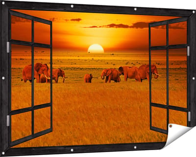 Gards Tuinposter Doorkijk Olifanten in het Wild - Zonsondergang - 150x100 cm - Tuindoek - Tuindecoratie - Wanddecoratie buiten - Tuinschilderij