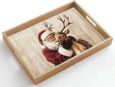 Dienblad hout 50x35 cm - Schootdienblad - Kerstman - Rendier - Sneeuw - Kleurrijk - Borrelplank rechthoek - Plateau dienbladen
