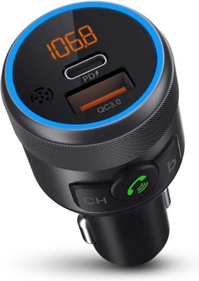 FTQ TR13 - Bluetooth FM Transmitter – Bluetooth 5.1, Handsfree Bellen, LED-ringlicht, Basversterking, Inclusief USB-C PD 20W & USB-A QC 18W Oplaadpoorten - Inclusief FuturiQ Type-C oplaadkabel